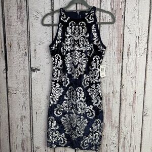 🏷️NWT B. Darlin Bodycon Dress Juniors Size 9/10 Navy Blue Velvet Silver Damask‎